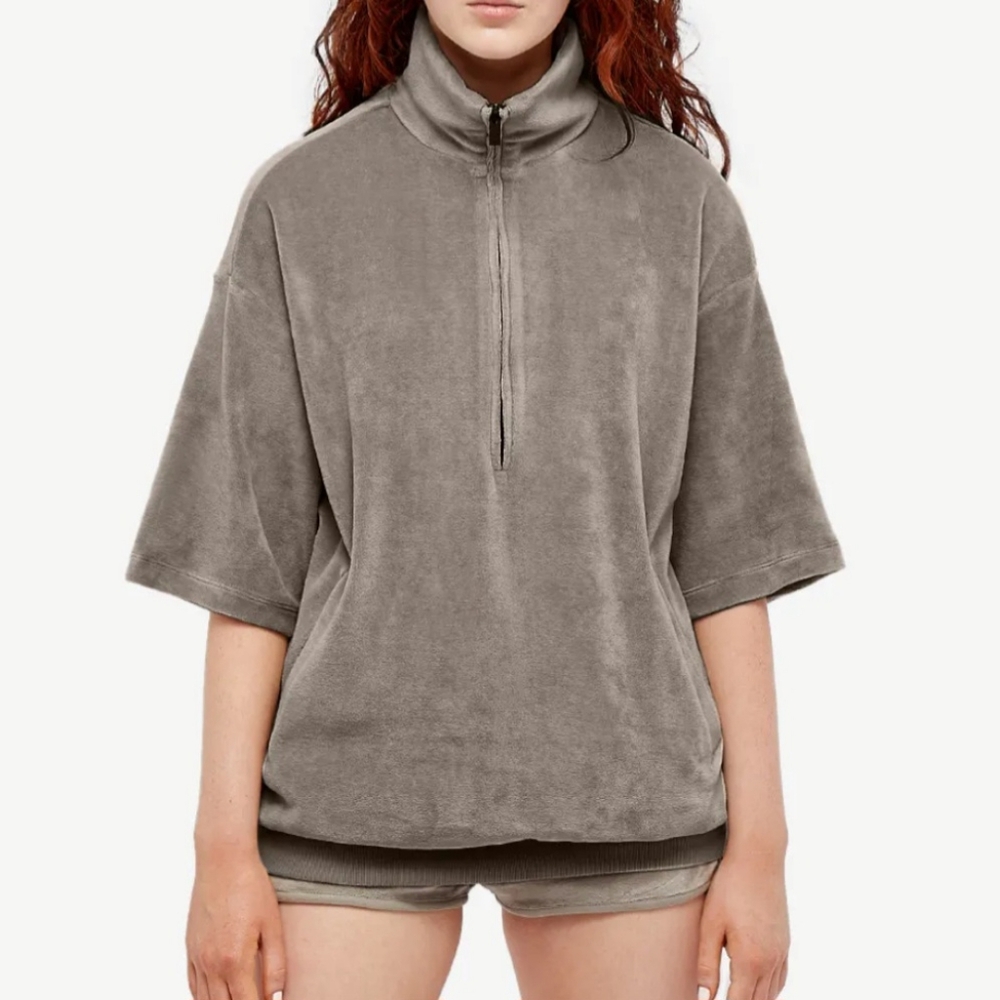 Fear of God Essentials Pullover Beige Velour Half Zip Oversized Sweatshirt Sz M